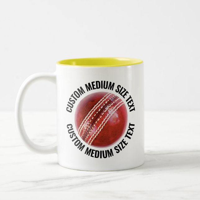 Cricket Ball & Medium Text YELLOW 11oz Custom Two-Tone Coffee Mug (Left)