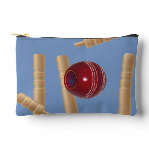 Cricket Ball On Blue Smashing Cricket Stumps, Accessory Pouch