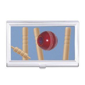 Cricket Ball On Blue Smashing Cricket Stumps, Business Card Case