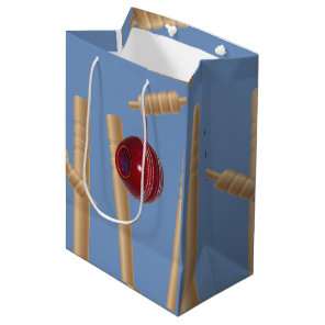 Cricket Ball On Blue Smashing Cricket Stumps, Medium Gift Bag