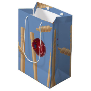 Cricket Ball On Blue Smashing Cricket Stumps, Medium Gift Bag