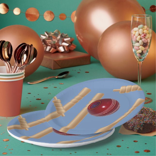 Cricket Ball On Blue Smashing Cricket Stumps, Paper Plates (Multi)