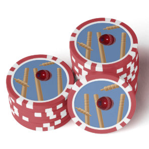 Cricket Ball On Blue Smashing Cricket Stumps, Poker Chips