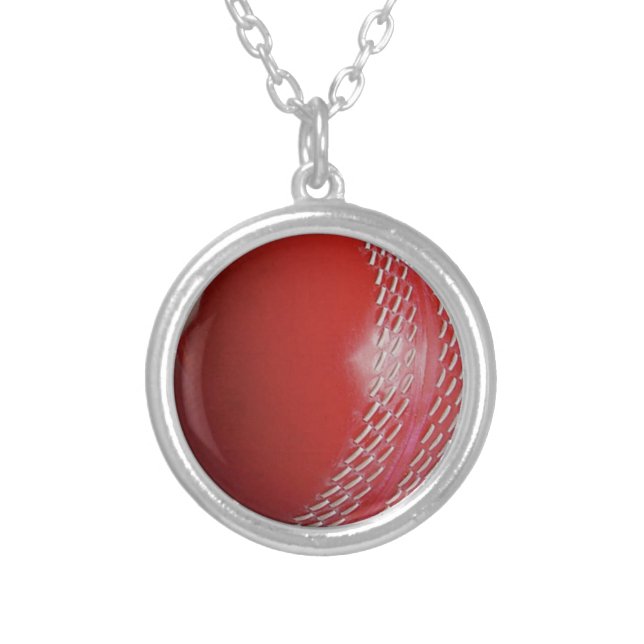 Cricket Ball Red Customize With Your Name Silver Plated Necklace (Front)