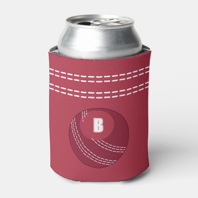 Cricket Ball Seam Monogram Cricketer Can Cooler (Can Front)