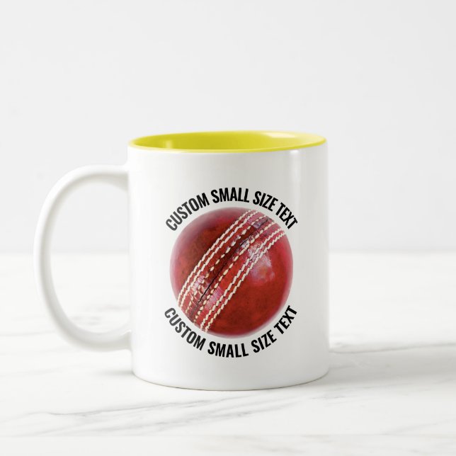 Cricket Ball & Small Text YELLOW 11oz Custom Two-Tone Coffee Mug (Left)