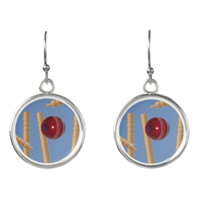 Cricket Ball Smashing Cricket Stumps,  Earrings (Front)