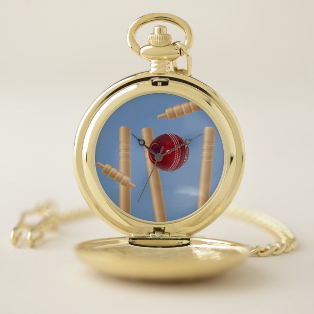 Cricket Ball Smashing Cricket Stumps,  Pocket Watch (Inside)