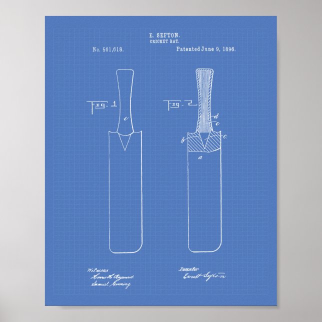 Cricket Bat 1886 Patent Art Blueprint Poster (Front)