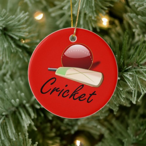 Cricket bat and ball labeled ceramic ornament