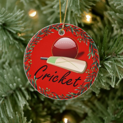 Cricket bat and ball labeled ceramic ornament