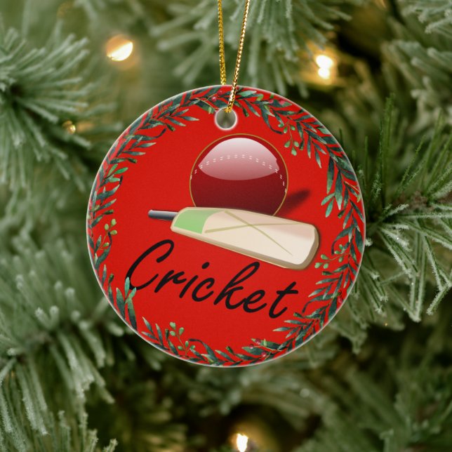Cricket bat and ball, labeled, ceramic ornament (Tree)