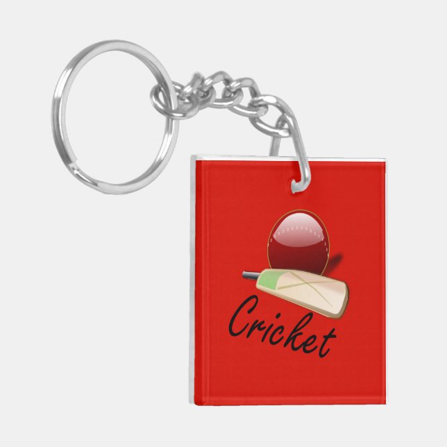 Cricket bat and ball, labeled, keychain (Front Left)