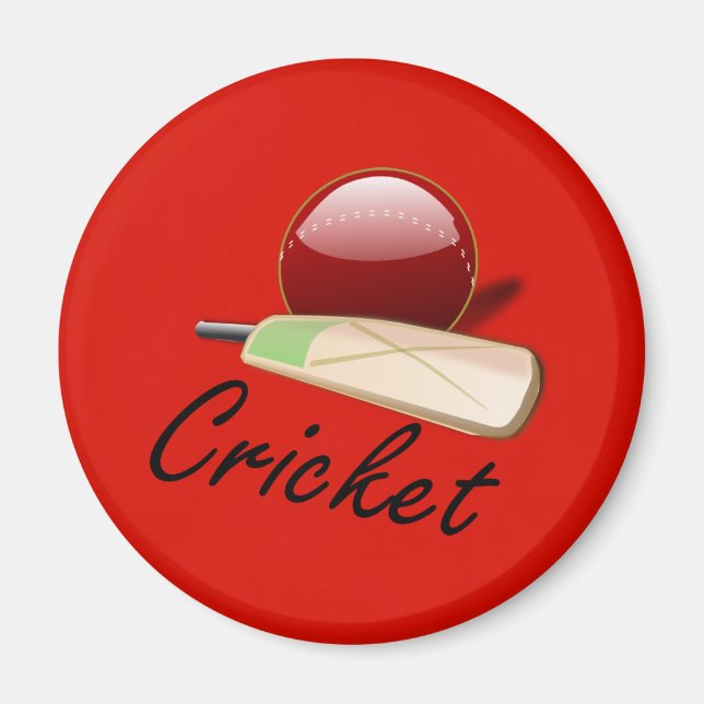 Cricket bat and ball, labeled, magnet (Front)