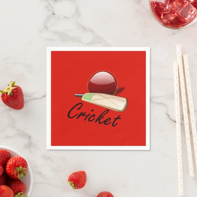 Cricket bat and ball, labeled, napkins (Insitu)