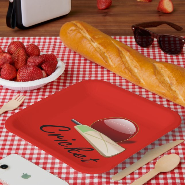 Cricket bat and ball, labeled, paper plates (Picnic)