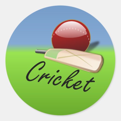 Cricket _ bat and ball on grassy horizon classic round sticker