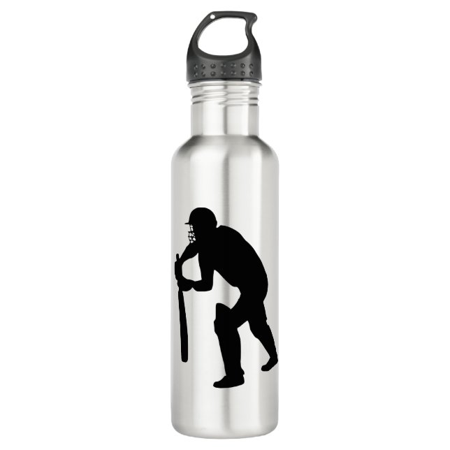 cricket batman, player silhouette stainless steel water bottle (Front)