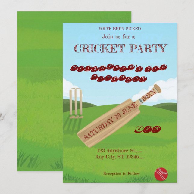 Cricket Birthday Party Sports Invitation (Front/Back)