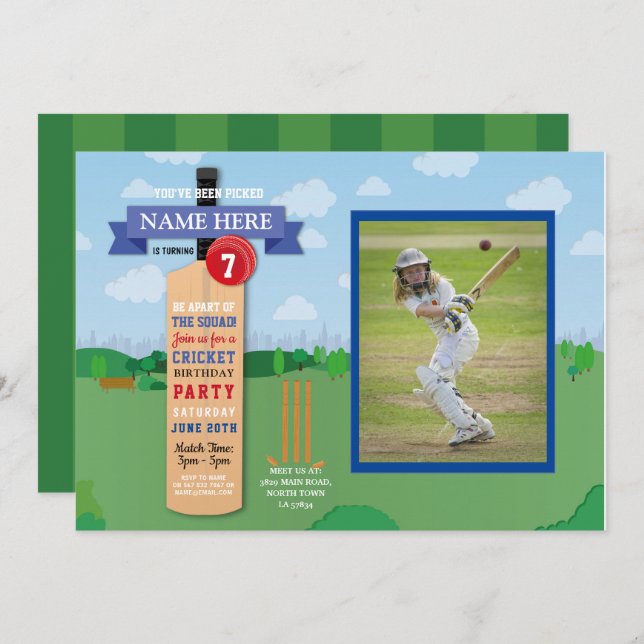 Cricket Birthday Party Sports Winner Match Photo Invitation (Front/Back)