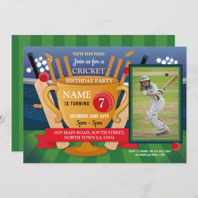 Cricket Birthday Photo Party Girl Boy Sports Theme Invitation (Front/Back)