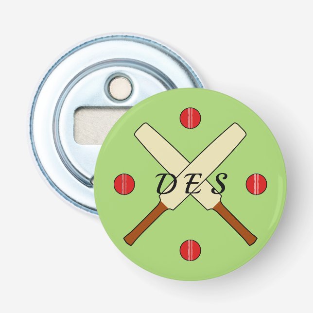 Cricket crossed bats personalized green bottle opener (Front)