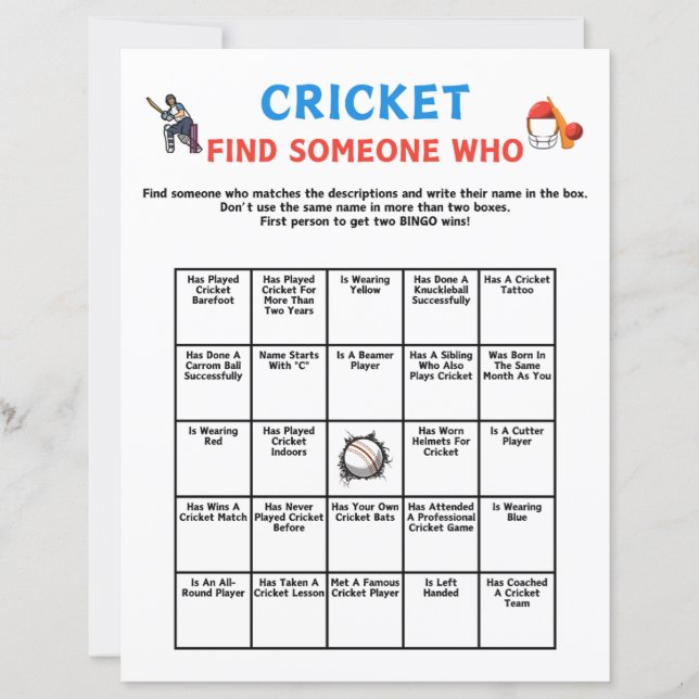 Cricket Find Someone Who Game (Front)