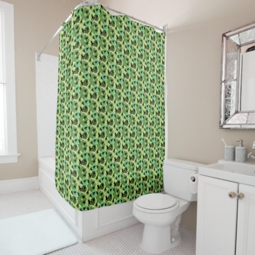 Cricket Floral Pattern Black and Green Shower Curtain