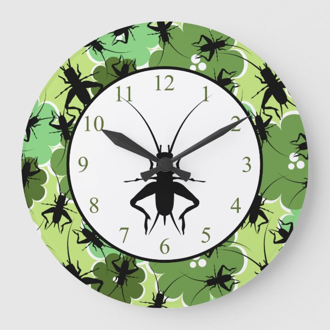 Cricket Floral Pattern Green and Black Large Clock (Front)