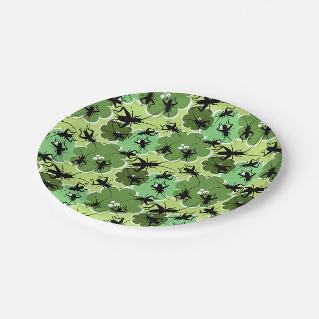 Cricket Floral Pattern Green and Black Paper Plates (Angled)
