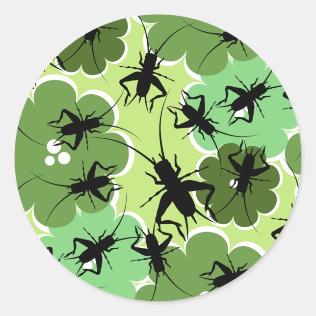Cricket Floral Pattern Green + Black Classic Round Sticker (Front)