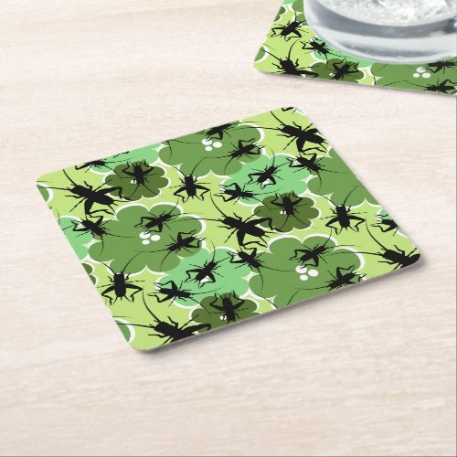 Cricket Floral Pattern Green  Black Square Paper Coaster