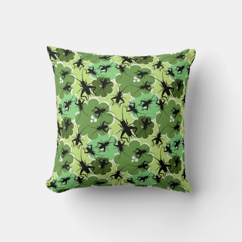 Cricket Floral Pattern Green  Black Throw Pillow
