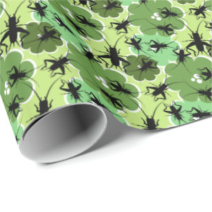 Cricket Floral Pattern Green + Black Wrapping Paper