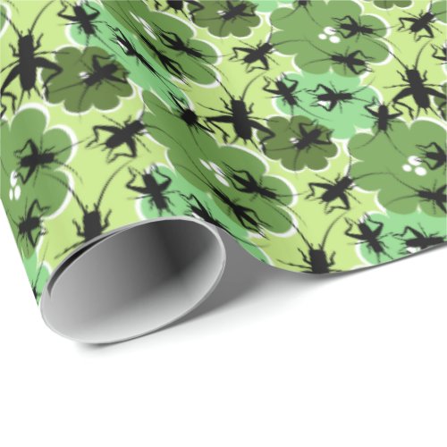 Cricket Floral Pattern Green  Black Wrapping Paper