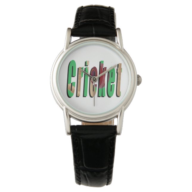 Cricket Game Logo,Ladies Black Leather Watch (Front)