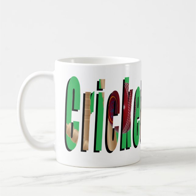 Cricket Game Logo, White Coffee Mug. Mug (Left)