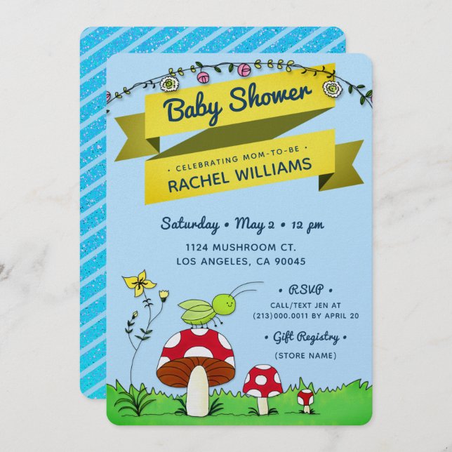 Cricket Garden Glitter Theme Blue Baby Shower Card (Front/Back)