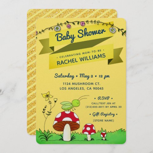 Cricket Glitter Theme Yellow Baby Shower Invite