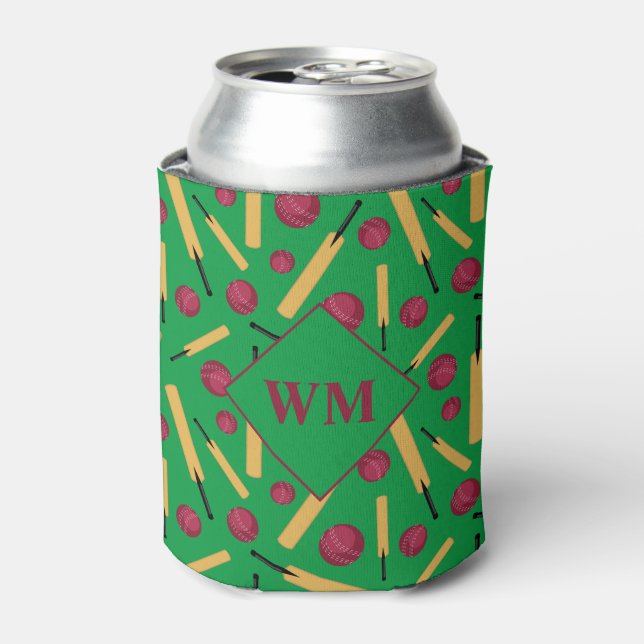 Cricket Player Bats and Balls Pattern Monogram Can Cooler (Can Front)