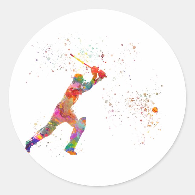 Cricket player in watercolor classic round sticker (Front)