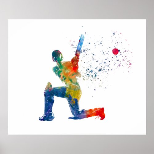 Cricket player in watercolor poster