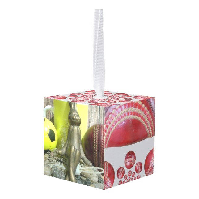 Cricket: Red Hard Ball Art Print Cube Ornament (Back Angled)