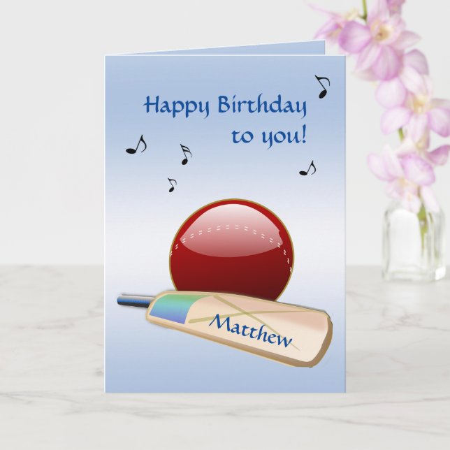 Cricket Sports Ball and Bat Blue Birthday Card (Orchid)