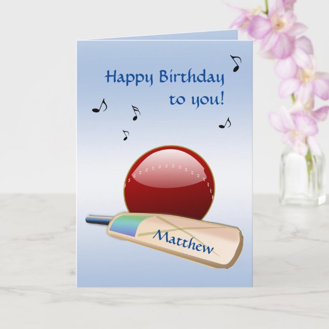 Cricket Sports Ball and Bat Blue Birthday Card