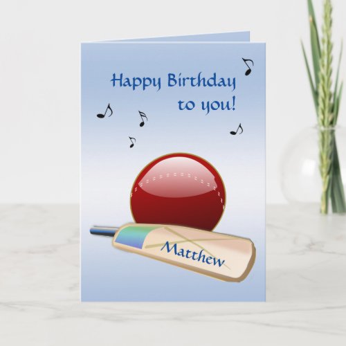 Cricket Sports Ball and Bat Blue Birthday Card