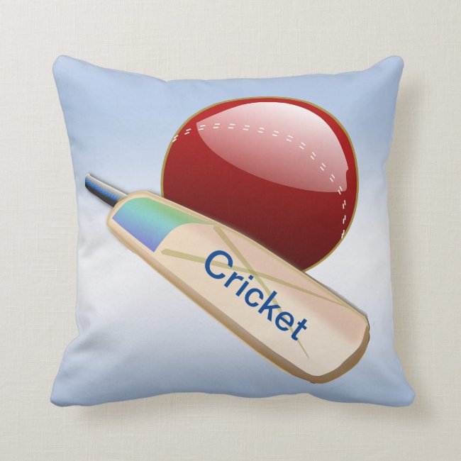 Cricket Sports Ball and Bat Blue Throw Pillow