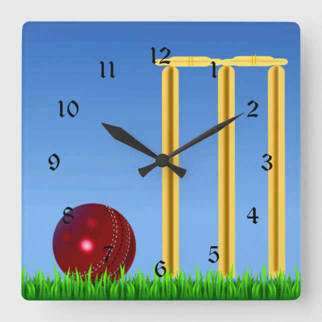 Cricket, wicket and ball square wall clock Zazzle