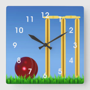 Cricket, wicket and ball square wall clock