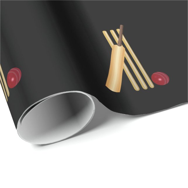 Cricket - Wicket, Bat and Ball, Black Background Wrapping Paper (Roll Corner)